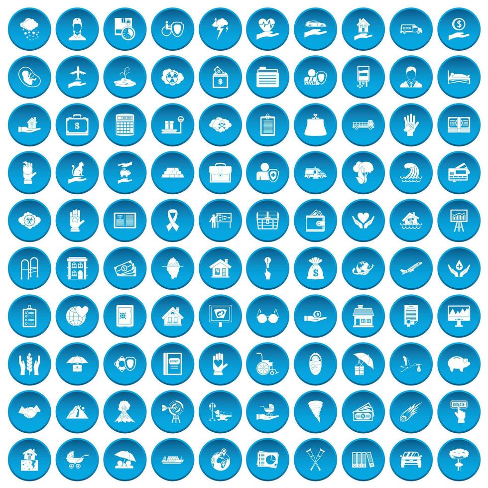 100 icônes d'assurance définies en bleu vecteur
