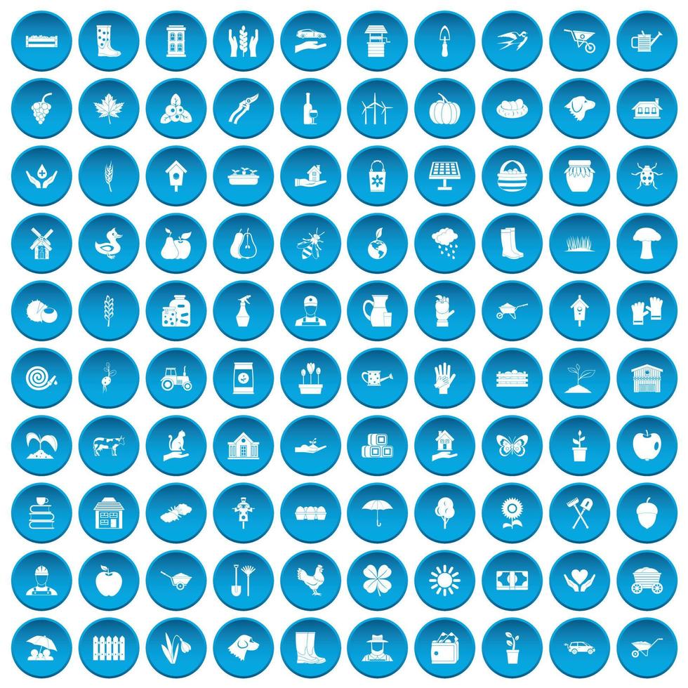 100 icônes de ferme définies en bleu vecteur