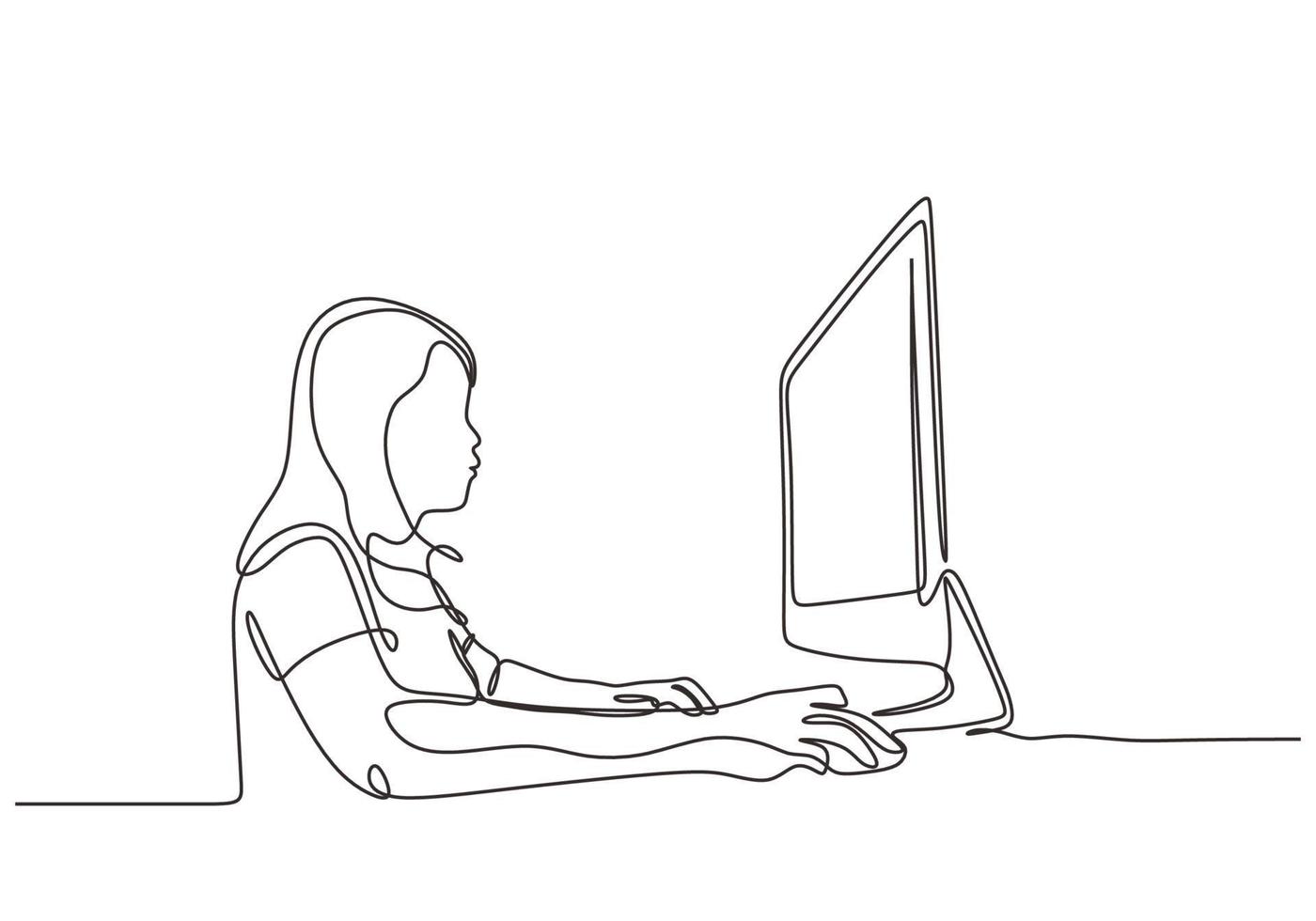 dessin continu d'une ligne de femme travaillant avec un ordinateur. jeune fille avec la métaphore d'affaires de moniteur vecteur