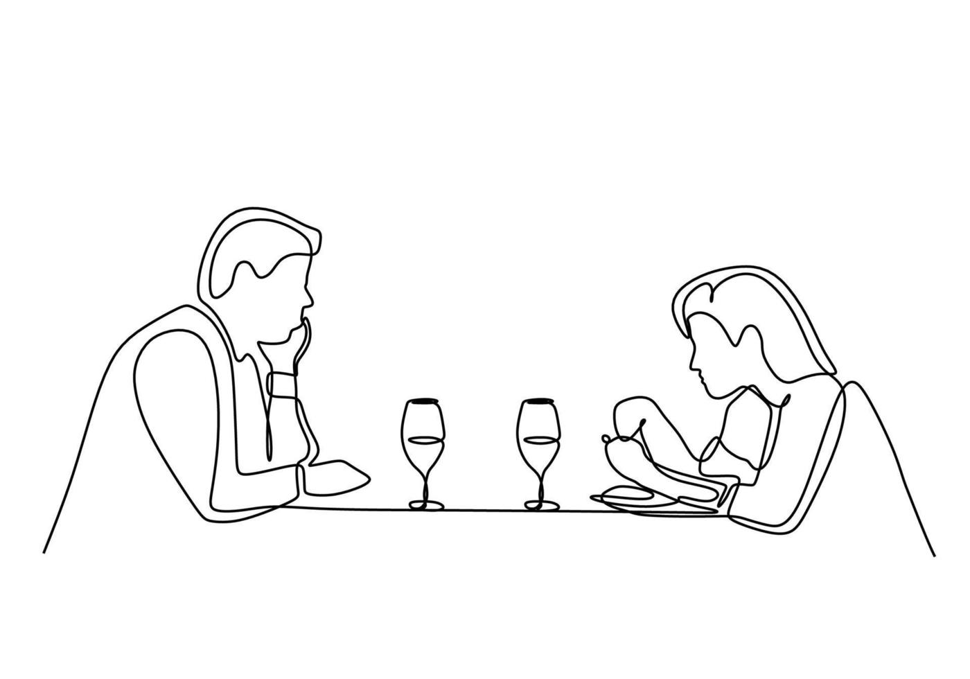 dessin continu d'une ligne de dîner romantique de couple datant. moment de romance et d'amour de beauté fille et bel homme assis sur la table vecteur