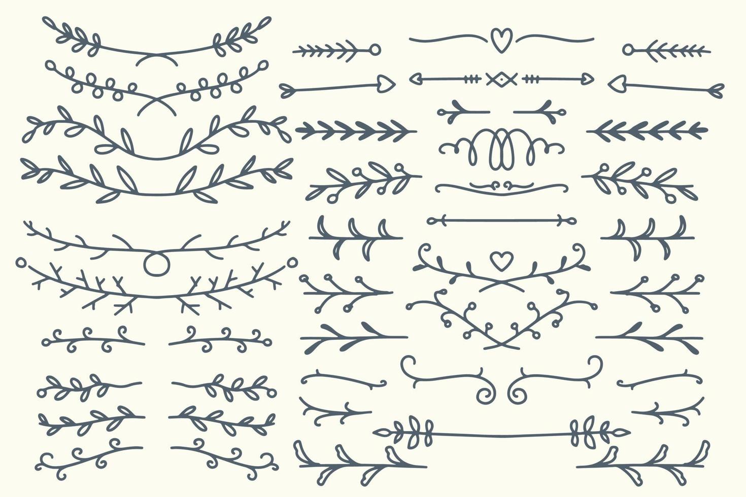 trente diviseurs vectoriels dessinés à la main. ensemble de lignes, bordures et lauriers vecteur
