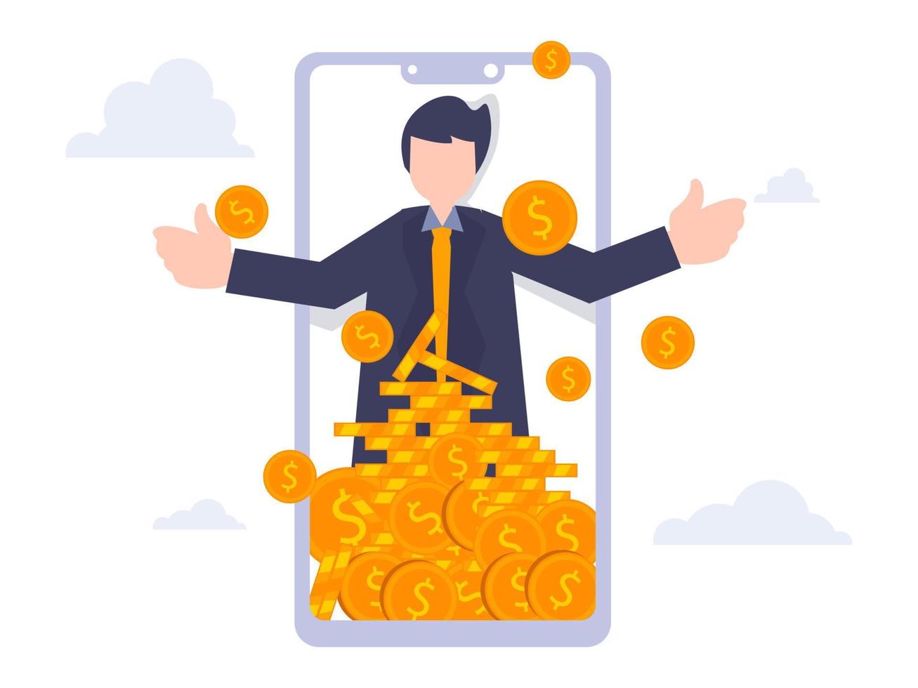 illustration vectorielle de gens d'affaires plats. l'homme d'affaires collecte de l'argent à partir de l'application mobile. vecteur