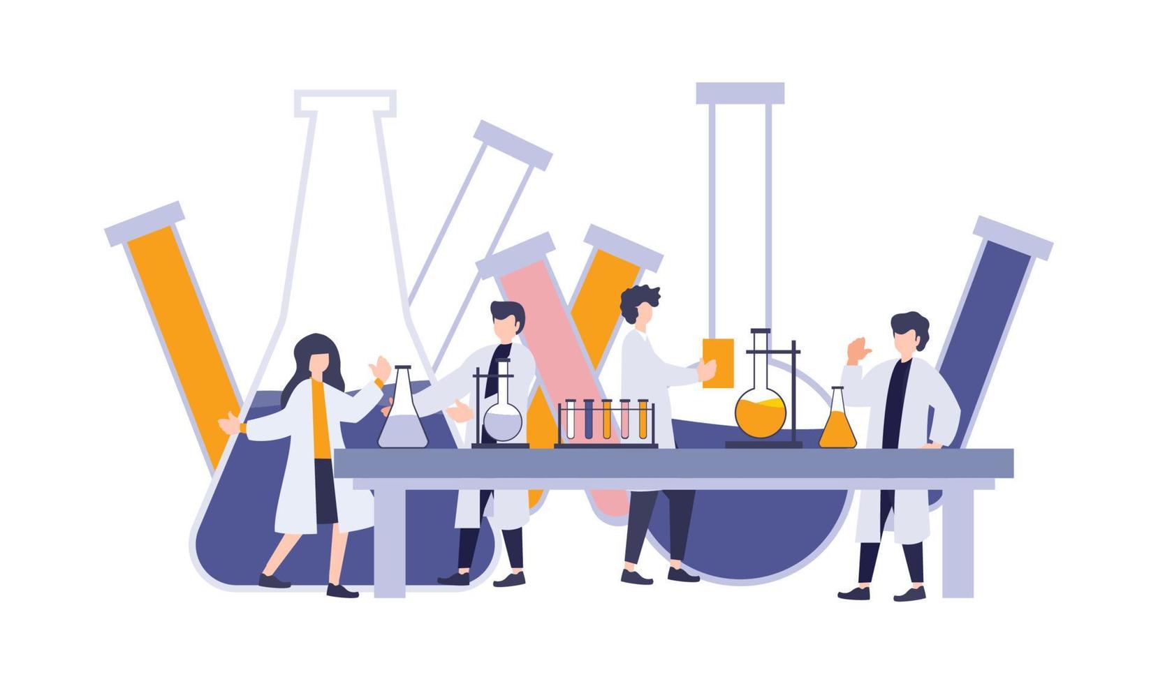 scientifique travaillant sur une expérience avec des tubes, une fiole d'erlenmeyer et une réaction. illustration vectorielle laboratoire de recherche de dessin animé numérique plat. travaux de laboratoire de sciences médicales, de biologie, de chimie et de physique. vecteur