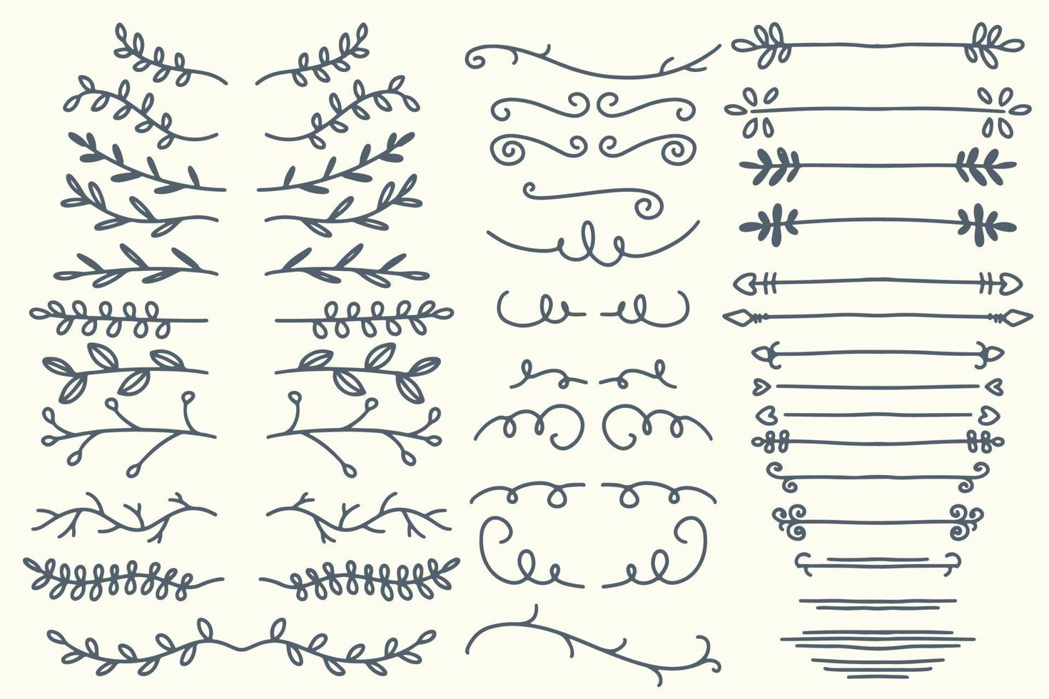 trente huit lignes de diviseurs vectoriels dessinés à la main, bordures et ensemble de lauriers vecteur