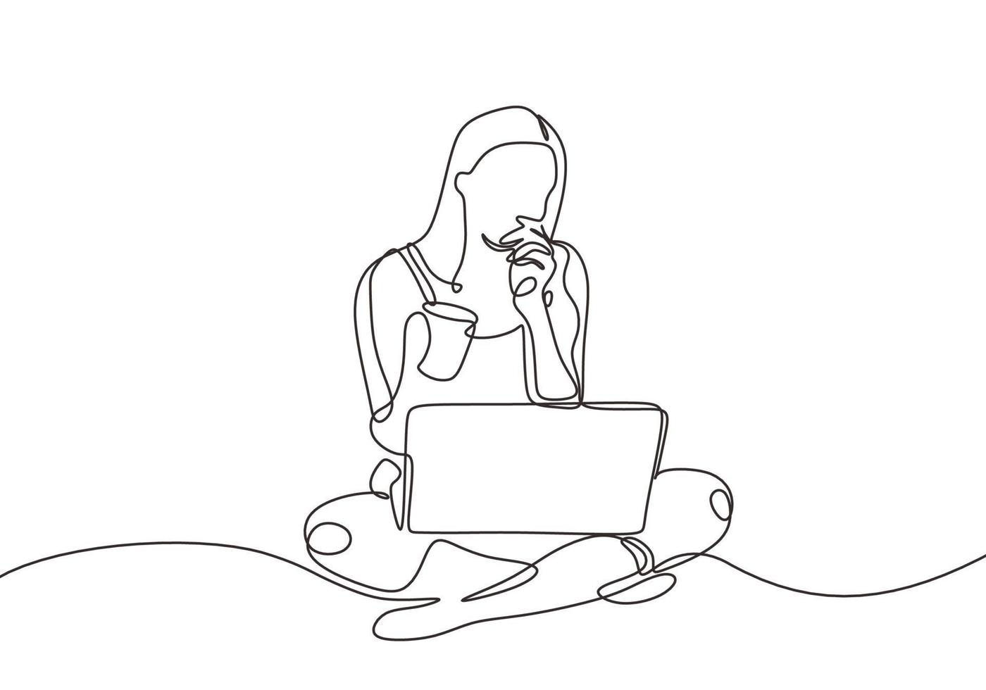 dessin continu d'une ligne de jolie fille assise avec un ordinateur portable et un café. vecteur