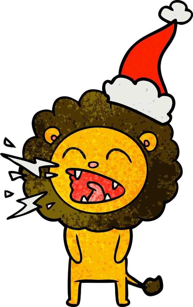 caricature texturée d'un lion rugissant portant un bonnet de noel vecteur