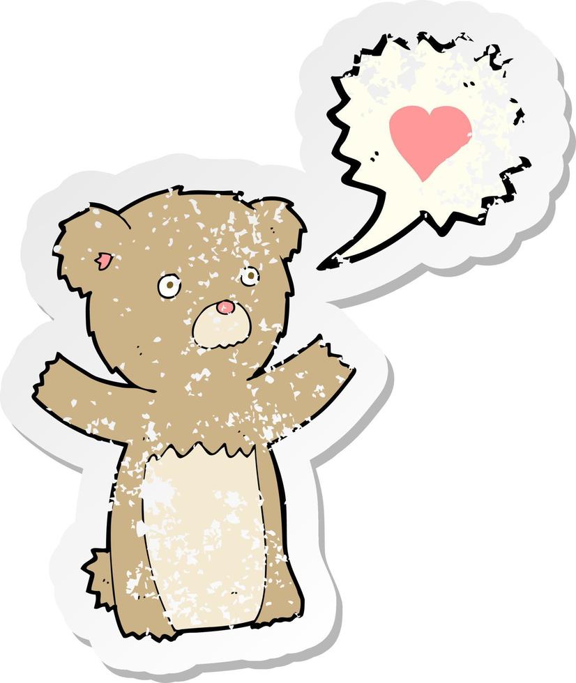 autocollant rétro en détresse d'un ours en peluche dessin animé avec coeur d'amour vecteur