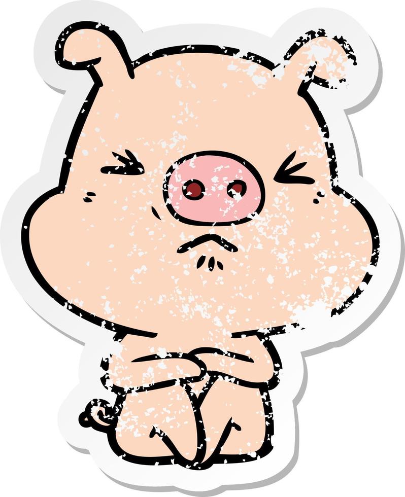 autocollant en détresse d'un cochon en colère de dessin animé assis en attente vecteur