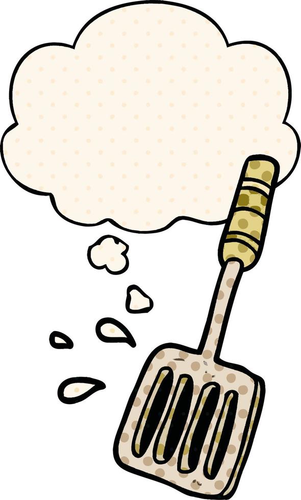 spatule de cuisine de dessin animé et bulle de pensée dans le style de la bande dessinée vecteur