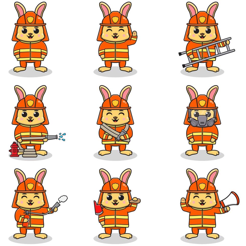 illustration vectorielle de dessin animé de lapin avec costume de pompier. ensemble de personnages de lapin mignons. collection de lapin drôle isolé sur fond blanc. vecteur