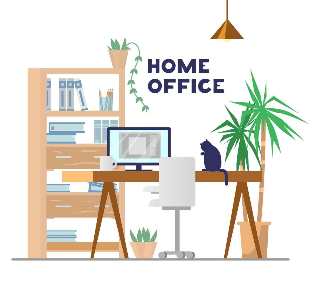 lieu de travail avec table, ordinateur, placard avec livres et trucs, plantes, chaise et chat. concept de bureau à domicile. illustration vectorielle plane. vecteur