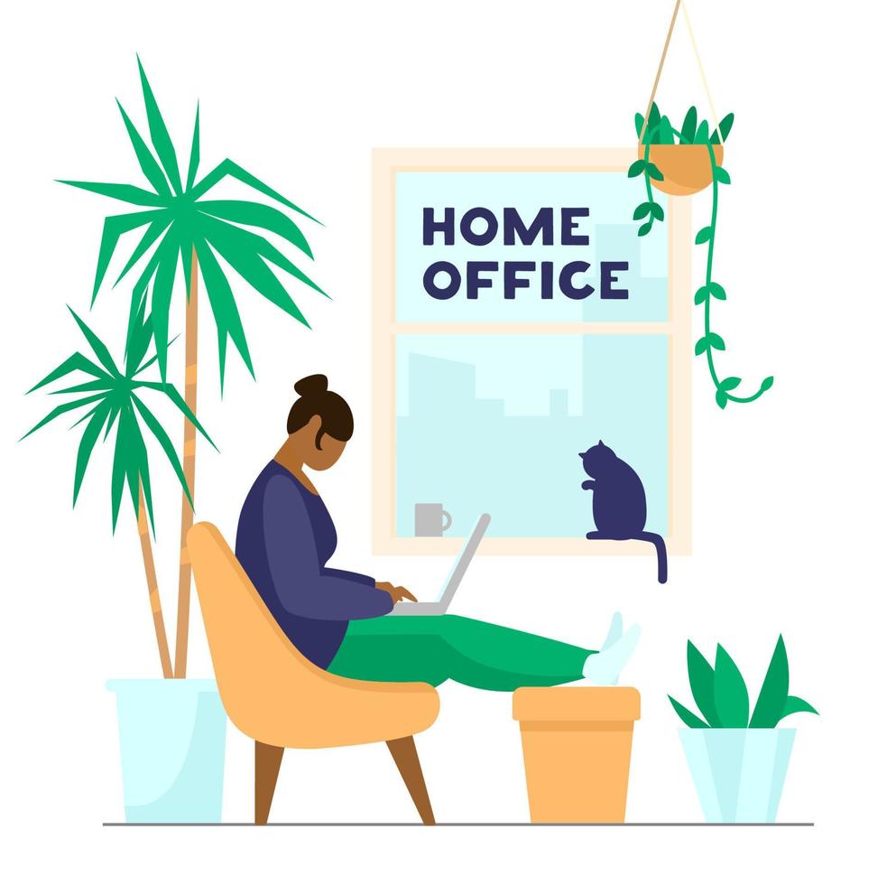 femme afro-américaine travaillant ou étudiant sur un ordinateur portable à la maison. bureau à domicile avec plantes et chat. illustration vectorielle plane. vecteur