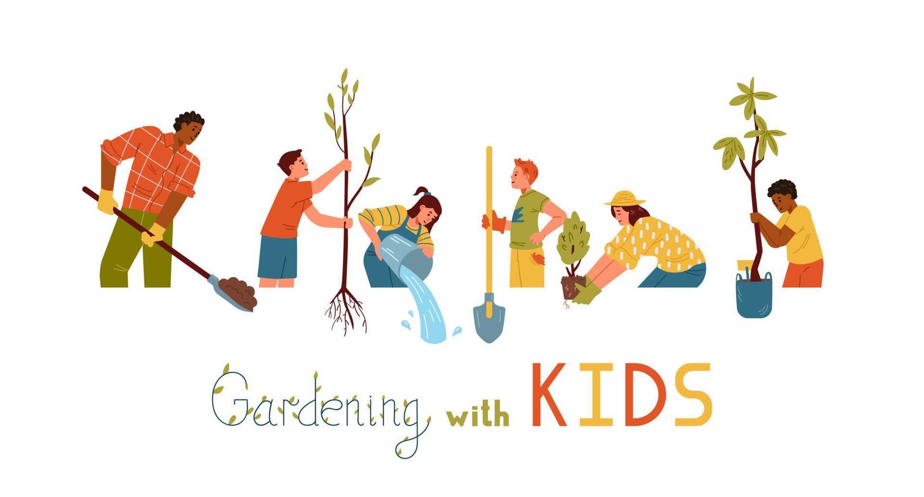 jardinage avec bannière vectorielle horizontale pour enfants. enfants et adultes multiraciaux plantant des arbres, arrosant, creusant, apportant des semis. vecteur