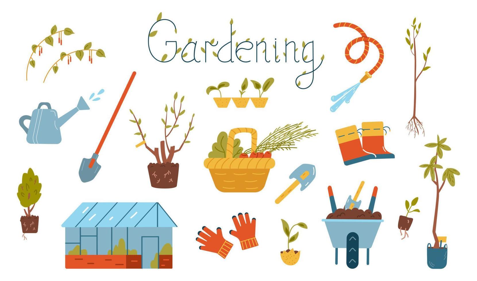 ensemble de vecteurs d'éléments de jardinage. illustrations de matériel de jardinage, semis, serre, lettrage isolé sur blanc. vecteur