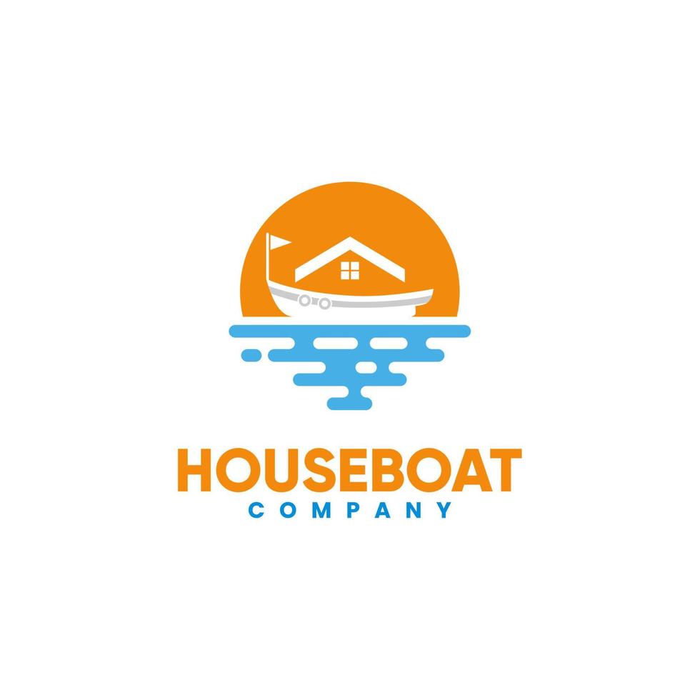 maison de bateau et coucher de soleil sur la mer pour le logo de la station de vacances à la plage vecteur