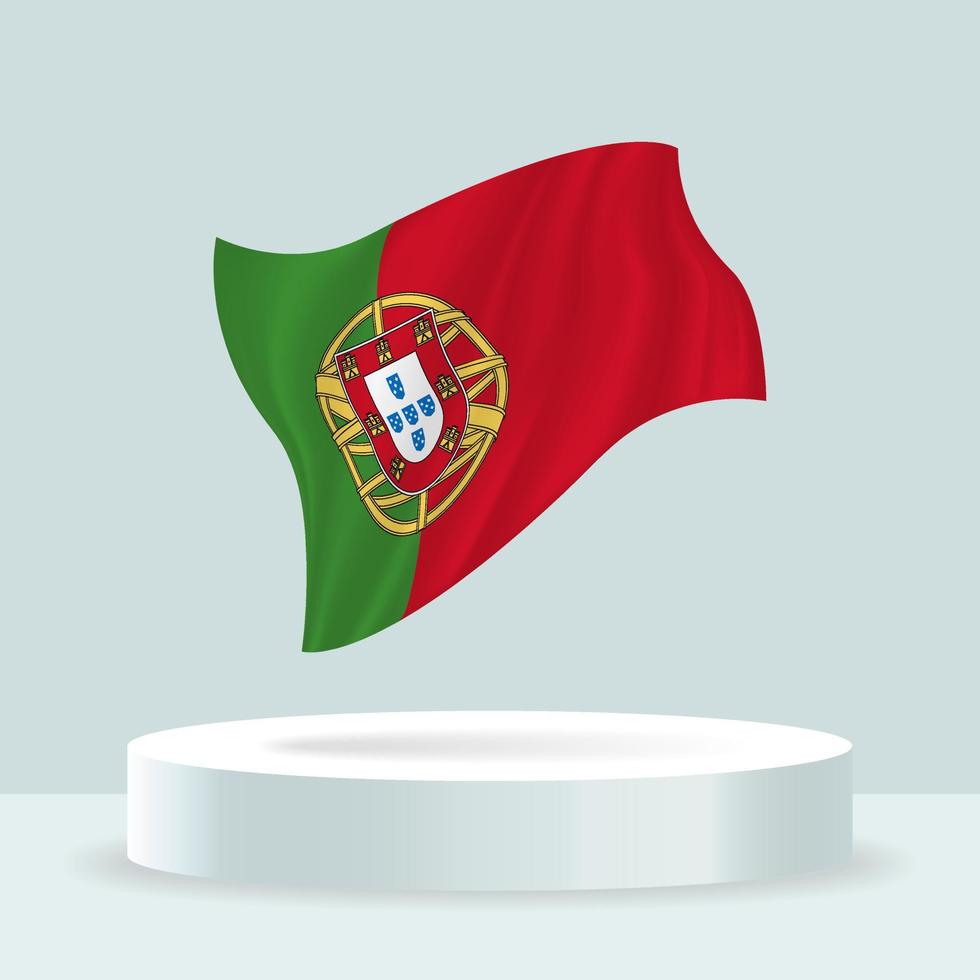 drapeau portugais. Rendu 3D du drapeau affiché sur le stand. agitant le drapeau dans des couleurs pastel modernes. dessin de drapeau, ombrage et couleur sur des calques séparés, soigneusement en groupes pour une édition facile. vecteur