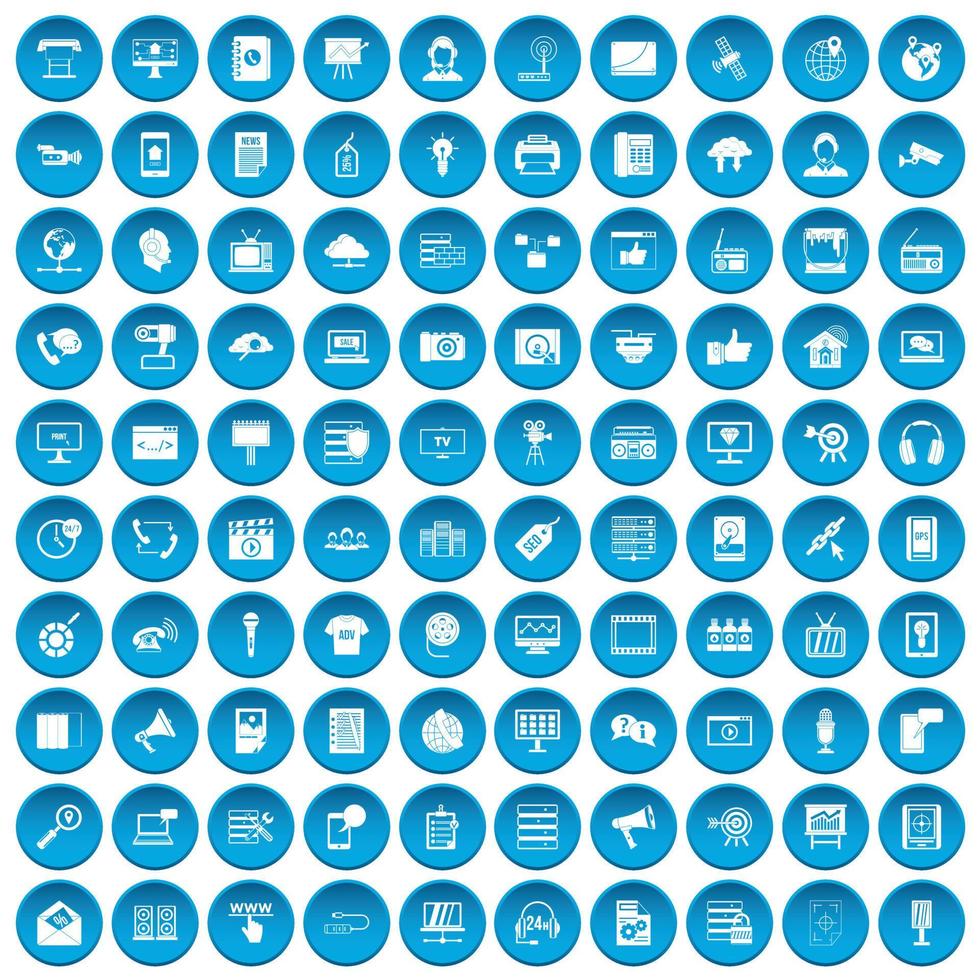 100 icônes de technologie de l'information définies en bleu vecteur