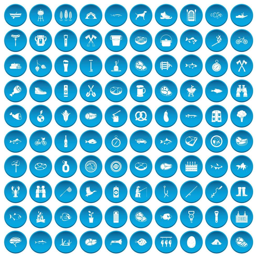 100 icônes de barbecue définies en bleu vecteur