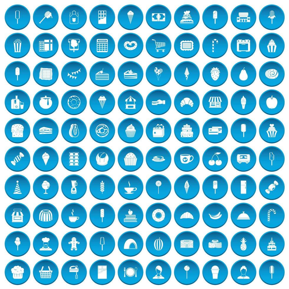 100 icônes de dessert bleu vecteur