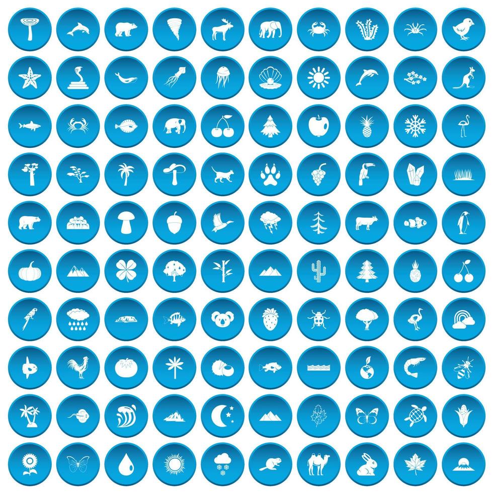 100 icônes de la nature définies en bleu vecteur