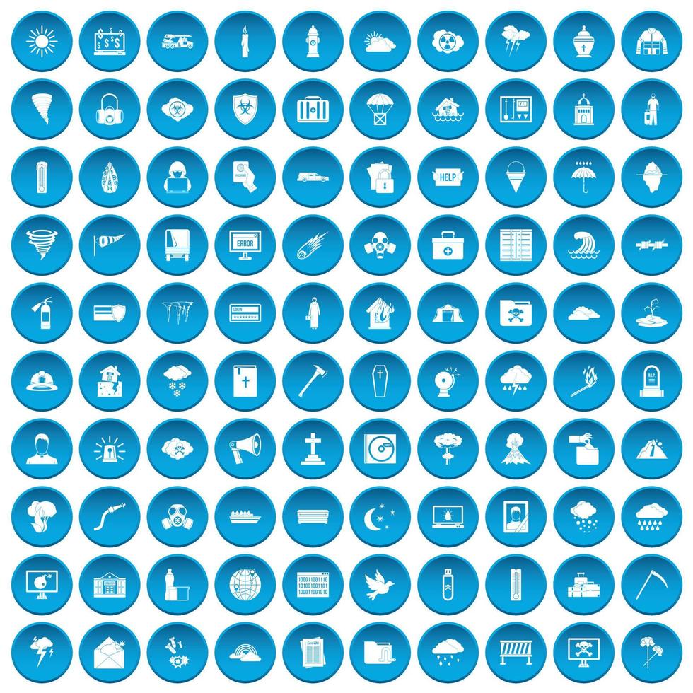 100 icônes de catastrophes naturelles définies en bleu vecteur