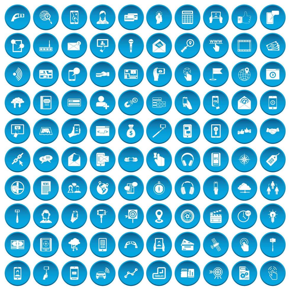 100 icônes mobiles définies en bleu vecteur