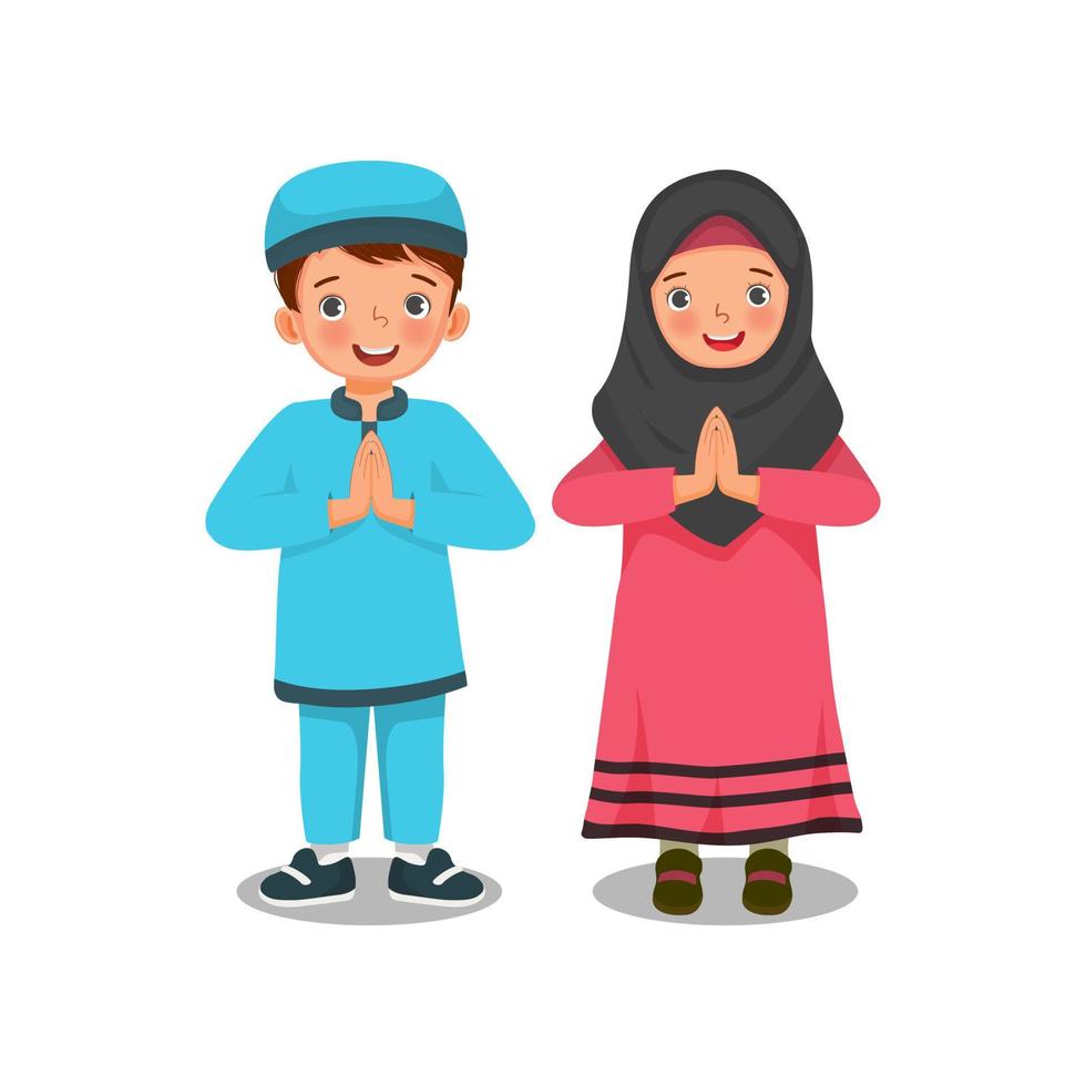 heureux petits enfants musulmans garçon et fille avec un geste de bienvenue mettant les paumes ensemble montrant merci respect salutation pose célébrant le ramadan vecteur