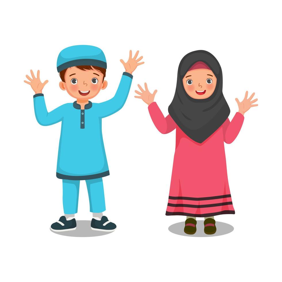 heureux mignons petits enfants musulmans garçon et fille agitant les mains montrant des salutations accueillantes célébrant le ramadan vecteur