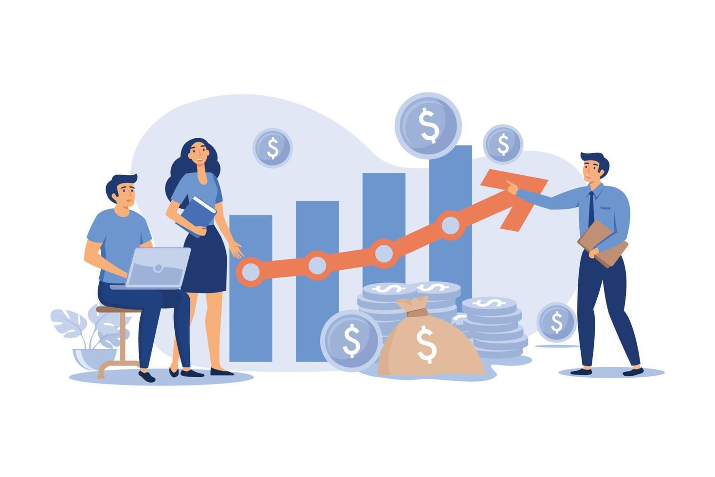 les gestionnaires de démarrage présentent et analysent le tableau de croissance des ventes. groupe de travailleurs avec un tas d'argent, une fusée, des diagrammes à barres avec une flèche et un tas d'argent. pour le succès de l'entreprise, le marketing, les concepts de profit vecteur