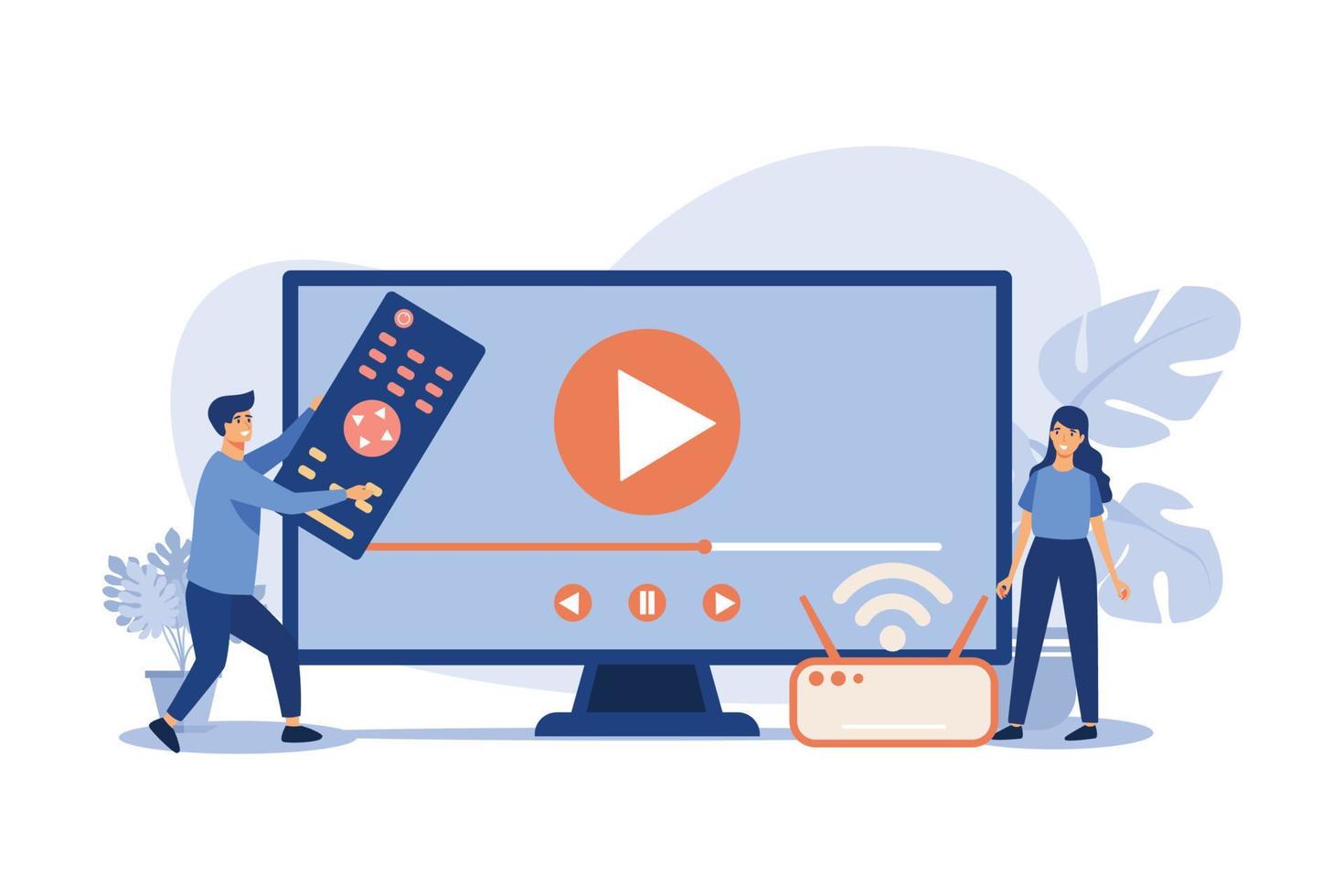 illustration vectorielle pour regarder des films, concept de divertissement à domicile. petit couple regardant une vidéo sur internet. homme tenant une télécommande, femme debout près d'un récepteur ou d'une boîte intelligente avec signal wi-fi vecteur