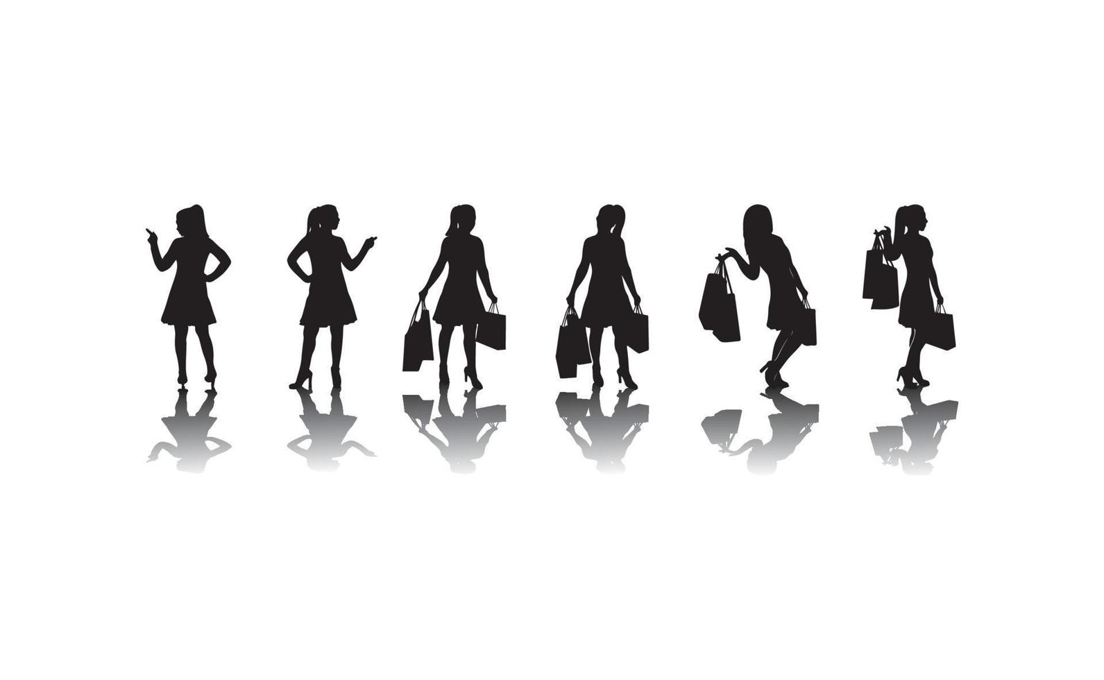 silhouette de fille réaliste avec des sacs. notion d'achat. femme drôle heureuse. illustration vectorielle isolée. modèle de publicité, affiche, bannière. vecteur