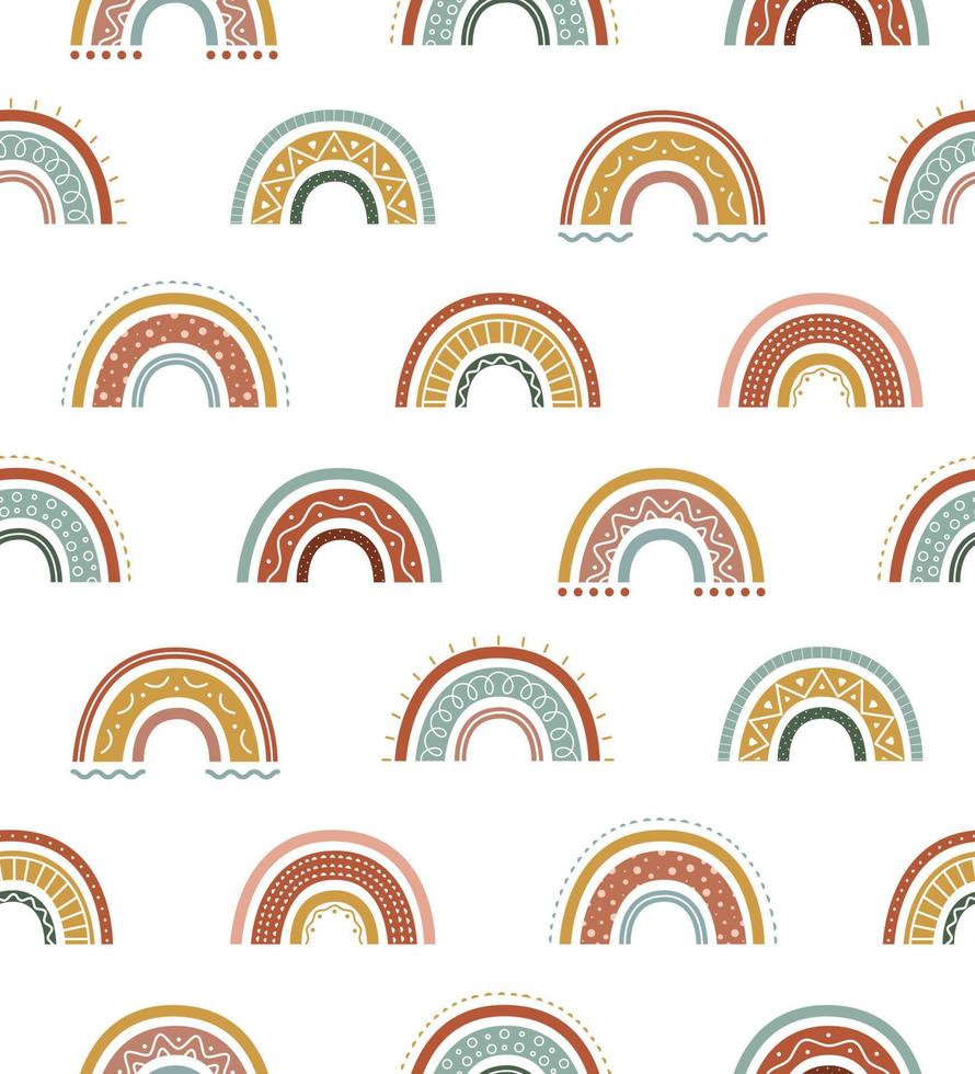 motif enfantin sans couture avec des arcs-en-ciel dessinés à la main. joli motif sur la voûte dans un style bohème. design scandinave pour imprimé bébé. illustration vectorielle sur fond blanc. vecteur