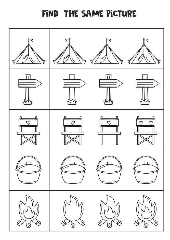 trouver deux les mêmes photos de camping. feuille de travail en noir et blanc. vecteur