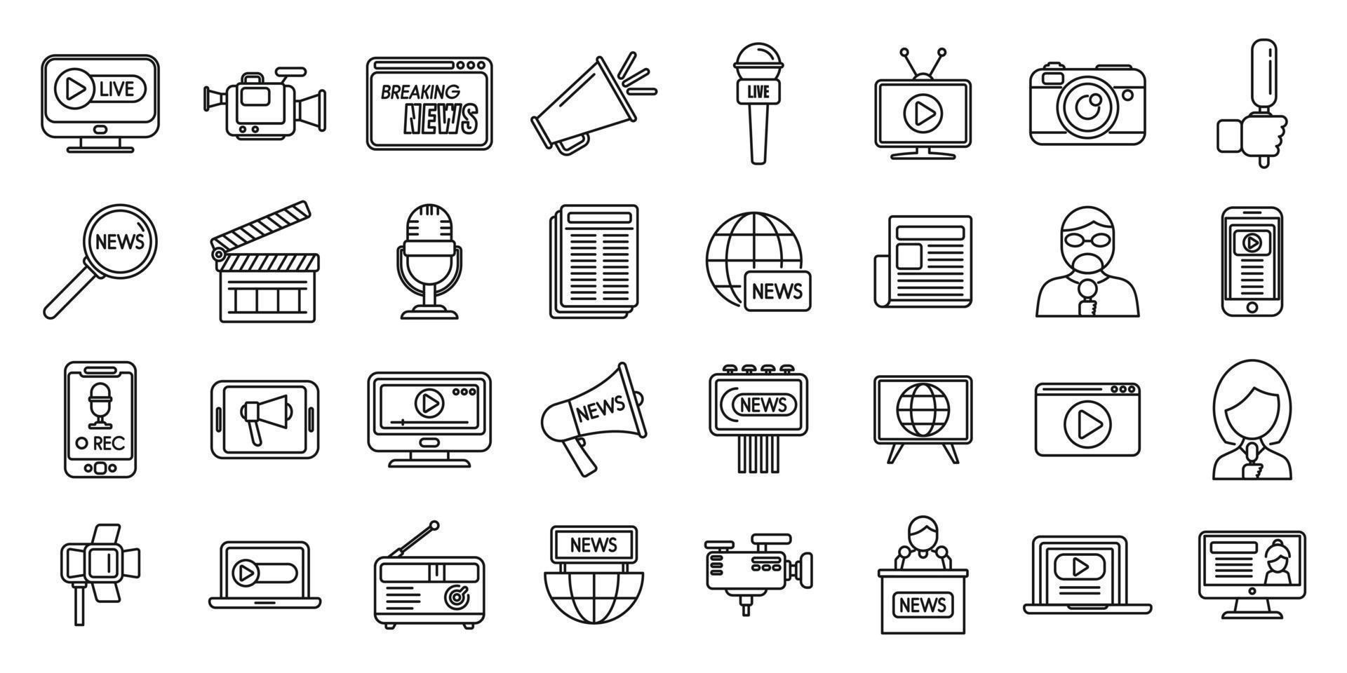 les icônes de reportage définissent le vecteur de contour. nouvelles d'interview