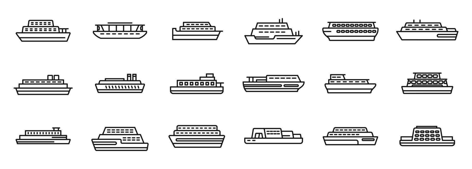 les icônes de ferry définissent le vecteur de contour. livraison de bateau