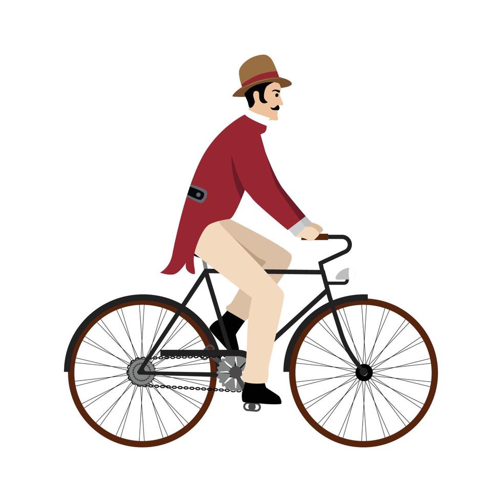 homme sur illustration vectorielle rétro vintage vieux vélo gravure. imitation de style plat. image dessinée à la main. vecteur