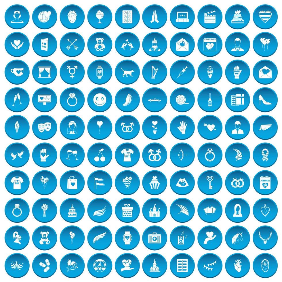 100 icônes de coeur définies en bleu vecteur