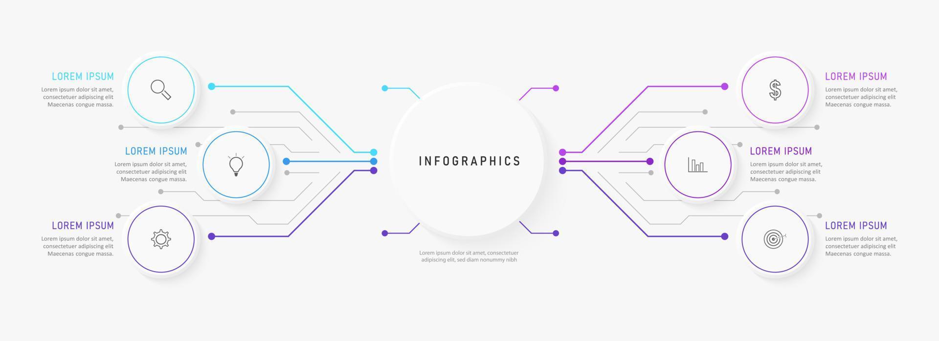 modèle de conception d'étiquettes infographiques vectorielles avec icônes et 6 options ou étapes. peut être utilisé pour le diagramme de processus, les présentations, la mise en page du flux de travail, la bannière, l'organigramme, le graphique d'informations. vecteur