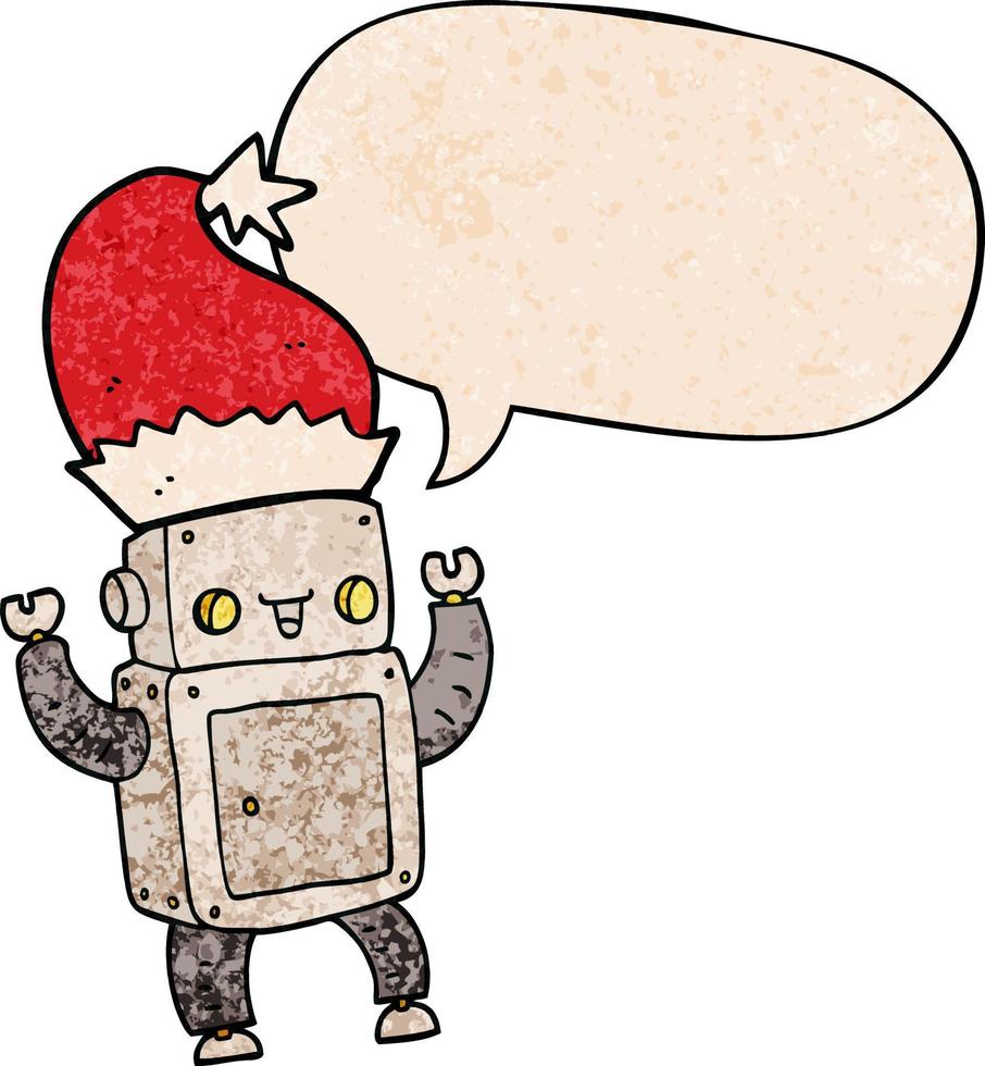 robot de noël dessin animé et bulle de dialogue dans un style de texture rétro vecteur