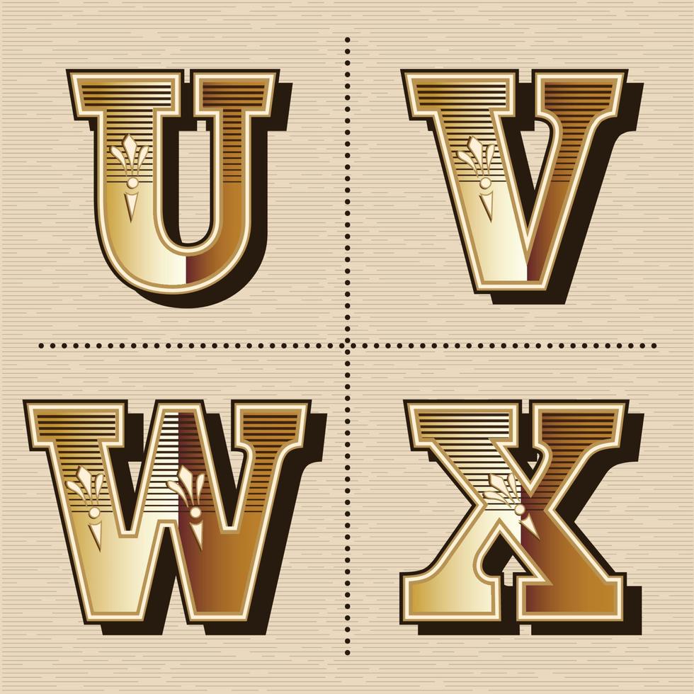 lettres de l'alphabet occidental design vintage vecteur u, v, w, x