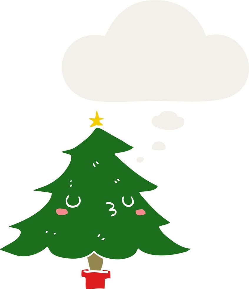 dessin animé mignon sapin de noël et bulle de pensée dans un style rétro vecteur