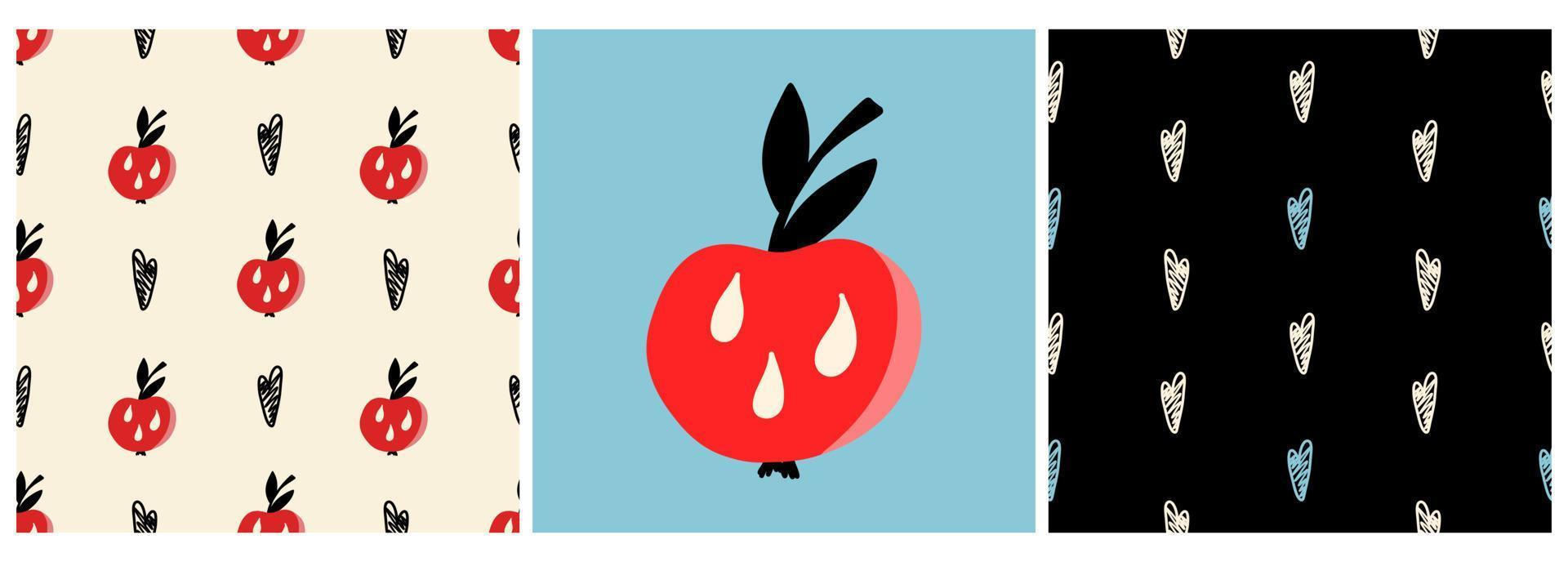 ensemble vectoriel de motifs et une affiche avec une pomme rouge et des coeurs dans un style plat sur un fond coloré. motif moderne pour pyjamas, t-shirts, emballages cadeaux, cartes postales, vacances