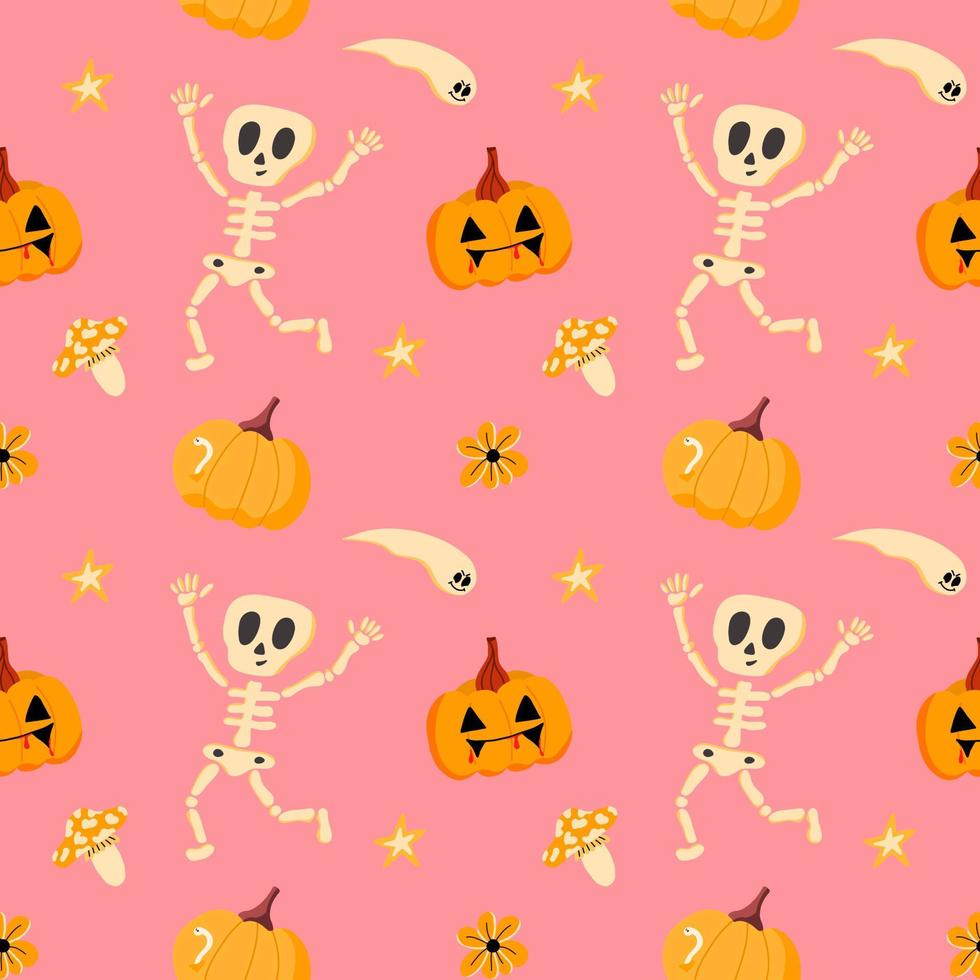 motif vectoriel avec un squelette amusant, des citrouilles et des fantômes, dans un style plat sur fond rose. illustration pour halloween, t-shirts, emballages cadeaux, cartes postales, bannières