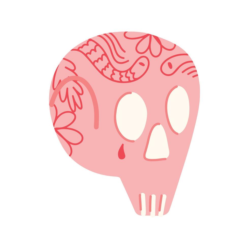 illustration vectorielle pour halloween avec un crâne rose et un tatouage sur la tête sur fond blanc. illustration pour t-shirts, affiches, affiches, vacances. vecteur
