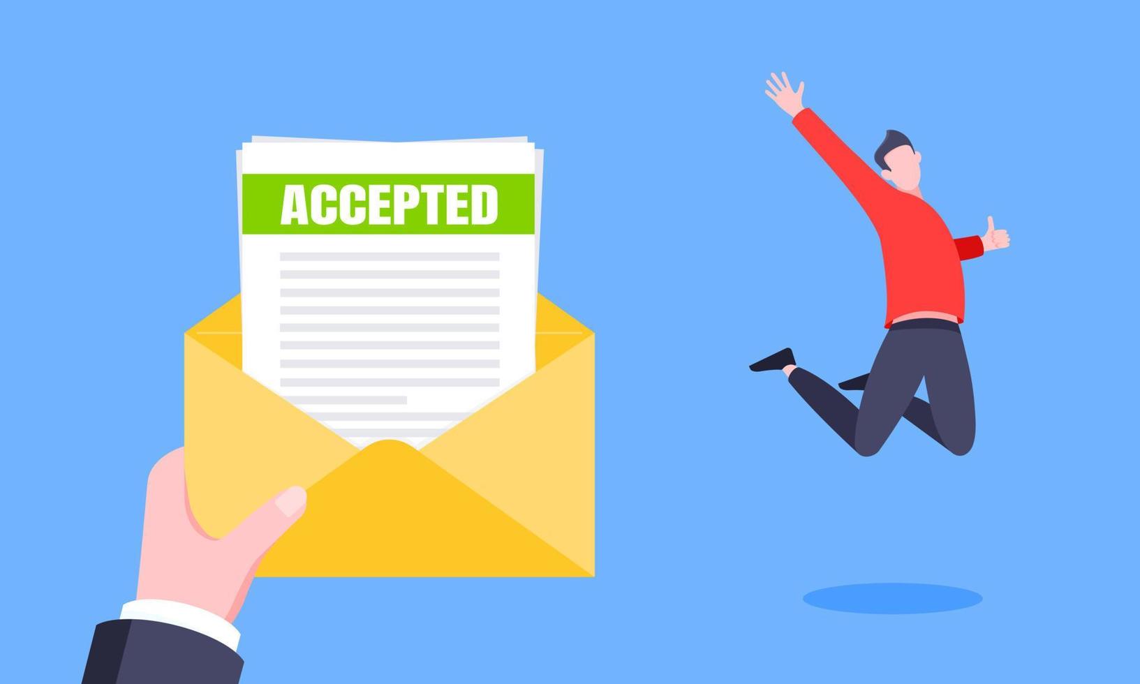 lettre d'acceptation d'emploi ou d'université avec enveloppe et feuilles de papier document e-mail. vecteur