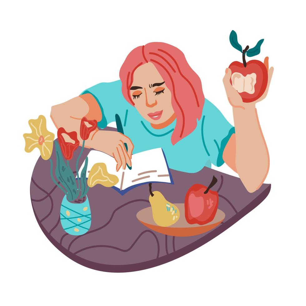 femme, étudiante ou pigiste grignotant et faisant une pause pour mordre pendant le travail, illustration vectorielle plane isolée. personnage de dessin animé de fille mangeant des fruits. manger à la maison et concept de bureau à domicile, vecteur. vecteur