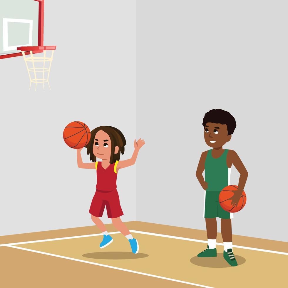 vecteur de jeu d'enfant de joueur de basket-ball. pose. mène le ballon. compétition de jeux sportifs. sport. illustration de dessin animé plat isolé