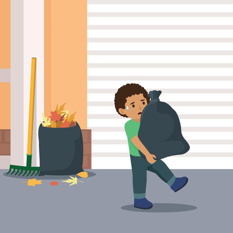 petit garçon tenant un sac poubelle puant et le jetant dans la corbeille. illustration de vecteur plat isolé sur fond blanc