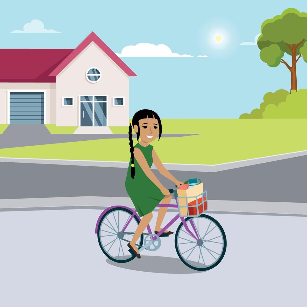 jolie petite fille à vélo, activité de plein air d'été en style cartoon sur fond blanc vecteur