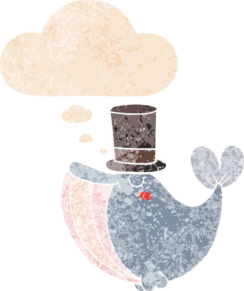 baleine de dessin animé avec chapeau haut de forme et bulle de pensée dans un style texturé rétro vecteur